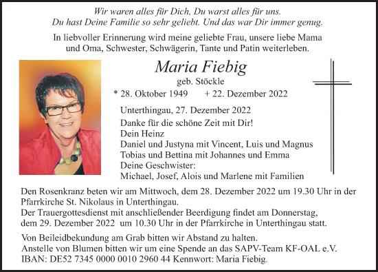 Traueranzeige von Maria Fiebig von Allgäuer Zeitung, Marktoberdorf