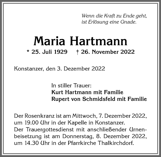 Traueranzeige von Maria Hartmann von Allgäuer Anzeigeblatt