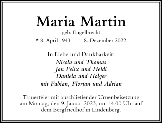 Traueranzeige von Maria Martin von Der Westallgäuer