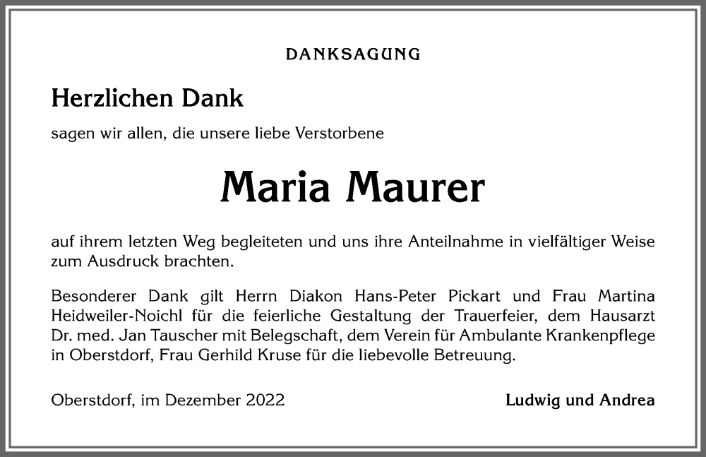  Traueranzeige für Maria Maurer vom 20.12.2022 aus Allgäuer Anzeigeblatt