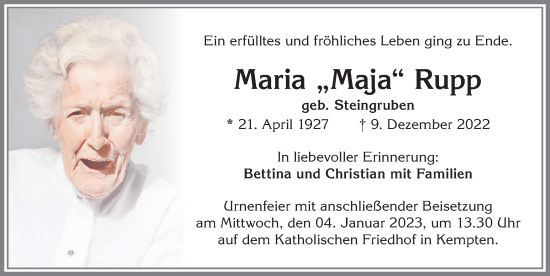 Traueranzeige von Maria Rupp von Allgäuer Zeitung,Kempten