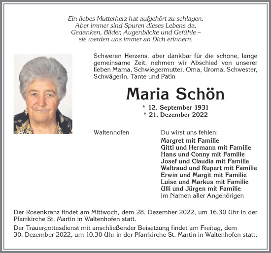 Traueranzeige von Maria Schön von Allgäuer Zeitung,Kempten