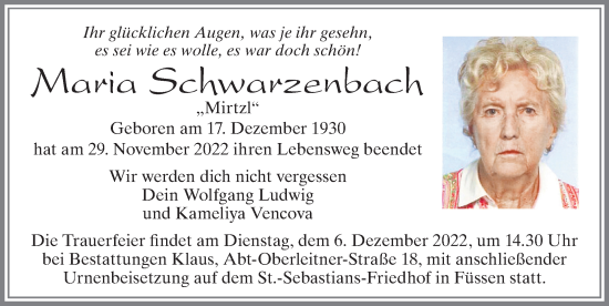 Traueranzeige von Maria Schwarzenbach von Allgäuer Zeitung, Füssen