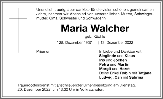Traueranzeige von Maria Walcher von Memminger Zeitung