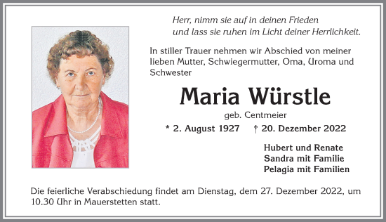 Traueranzeige von Maria Würstle von Allgäuer Zeitung, Kaufbeuren/Buchloe