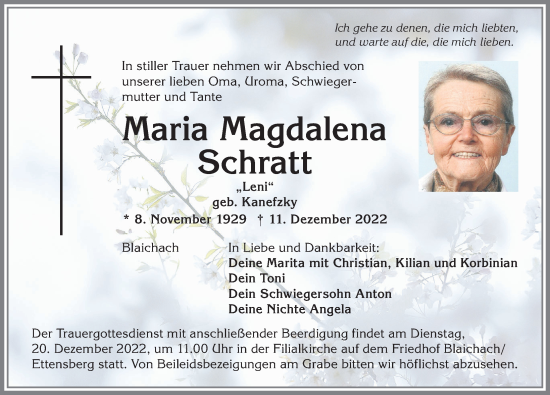 Traueranzeige von Maria Magdalena Schratt von Allgäuer Anzeigeblatt