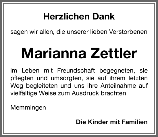 Traueranzeige von Marianna Zettler von Memminger Zeitung
