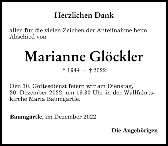 Traueranzeige von Marianne Glöckler von Memminger Zeitung