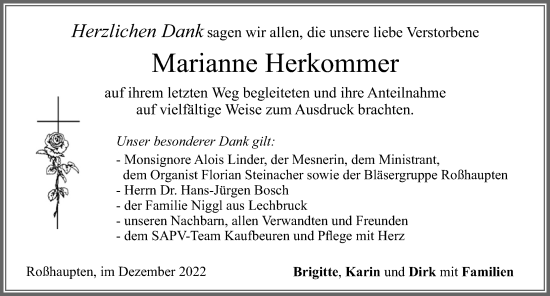 Traueranzeige von Marianne Herkommer von Allgäuer Zeitung, Füssen