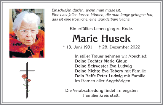 Traueranzeige von Marie Husek von Allgäuer Zeitung, Kaufbeuren/Buchloe