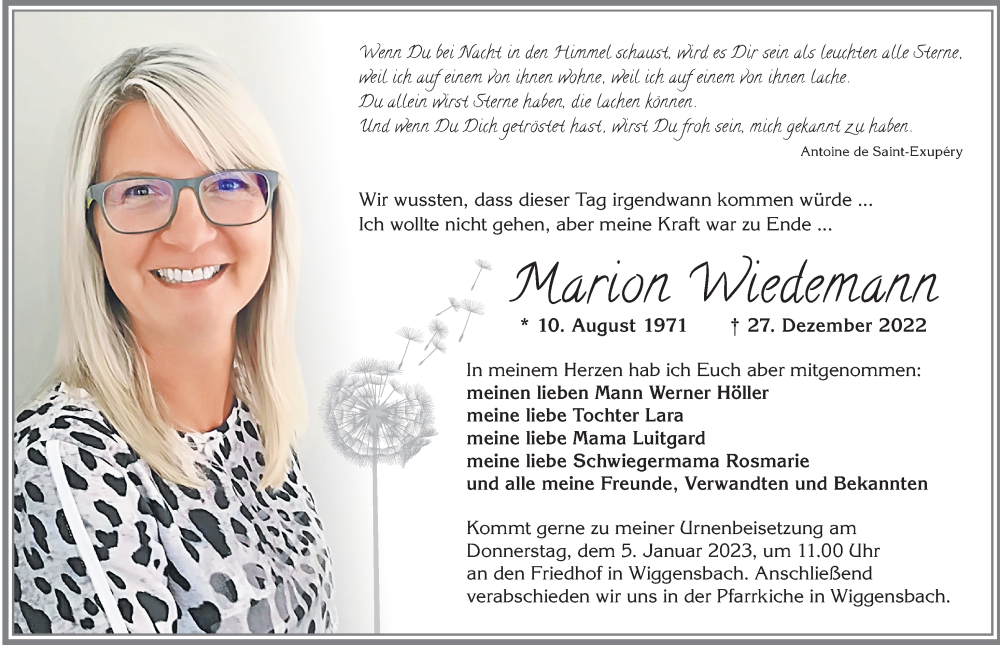  Traueranzeige für Marion Wiedemann vom 31.12.2022 aus Allgäuer Zeitung,Kempten