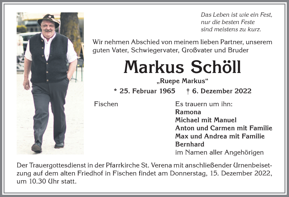  Traueranzeige für Markus Schöll vom 10.12.2022 aus Allgäuer Anzeigeblatt