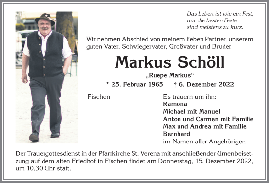 Traueranzeige von Markus Schöll von Allgäuer Anzeigeblatt