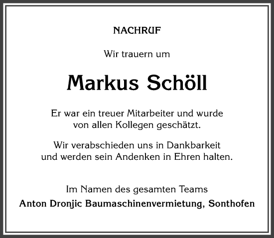Traueranzeige von Markus Schöll von Allgäuer Anzeigeblatt