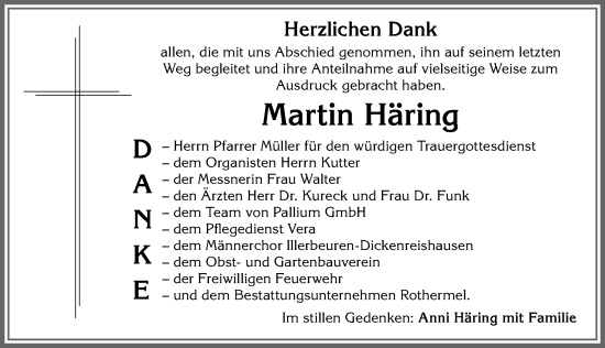 Traueranzeige von Martin Häring von Memminger Zeitung
