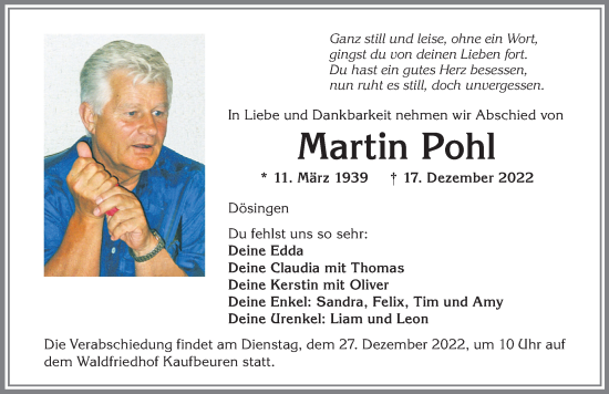 Traueranzeige von Martin Pohl von Allgäuer Zeitung, Kaufbeuren/Buchloe