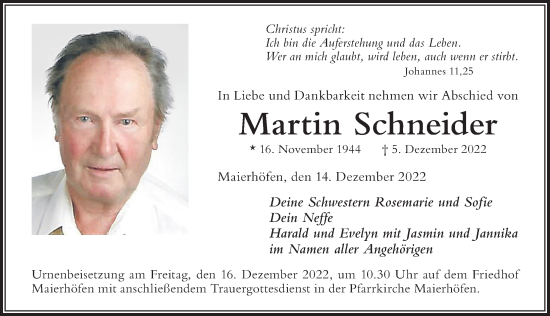 Traueranzeige von Martin Schneider von Der Westallgäuer
