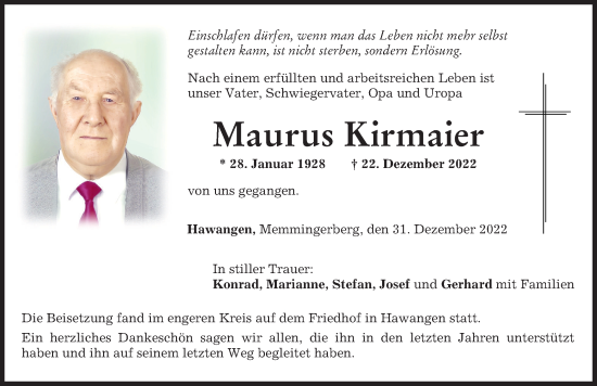 Traueranzeige von Maurus Kirmaier von Memminger Zeitung