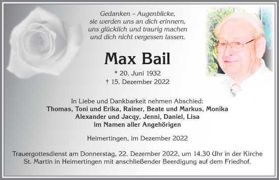 Traueranzeige von Max Bail von Memminger Zeitung