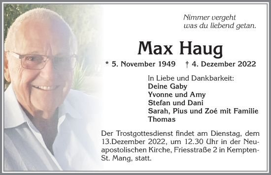 Traueranzeige von Max Haug von Allgäuer Zeitung,Kempten