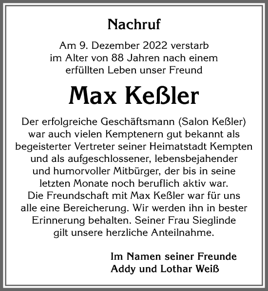 Traueranzeige von Max Keßler von Allgäuer Zeitung,Kempten
