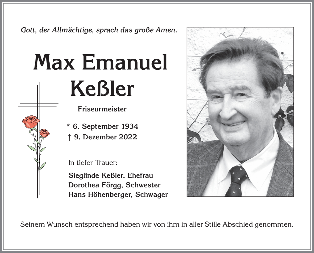  Traueranzeige für Max Emanuel Keßler vom 16.12.2022 aus Allgäuer Zeitung,Kempten