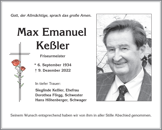 Traueranzeige von Max Emanuel Keßler von Allgäuer Zeitung,Kempten