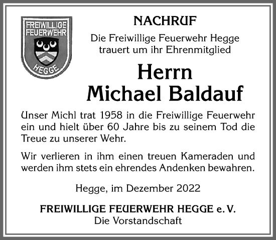 Traueranzeige von Michael Baldauf von Allgäuer Zeitung,Kempten