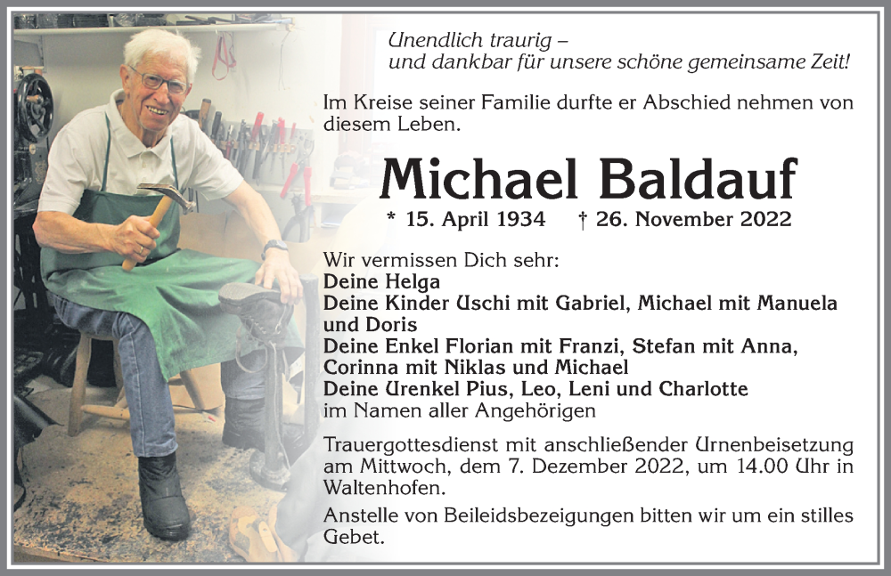  Traueranzeige für Michael Baldauf vom 03.12.2022 aus Allgäuer Zeitung,Kempten