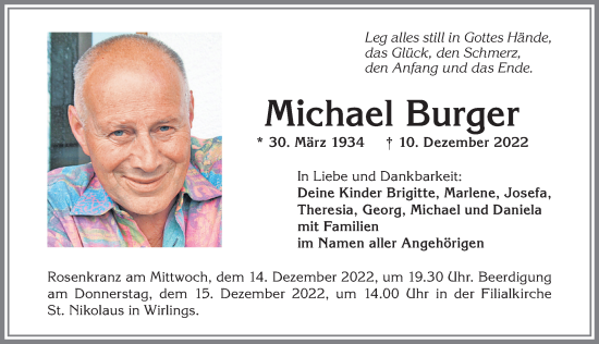 Traueranzeige von Michael Burger von Allgäuer Zeitung,Kempten