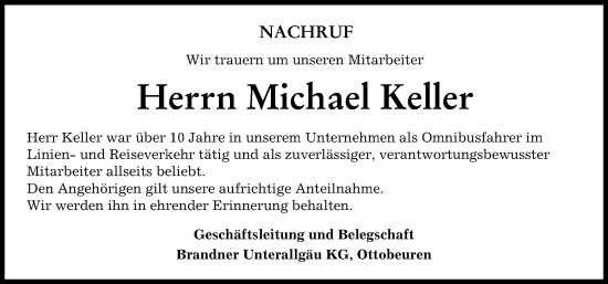 Traueranzeige von Michael Keller von Memminger Zeitung