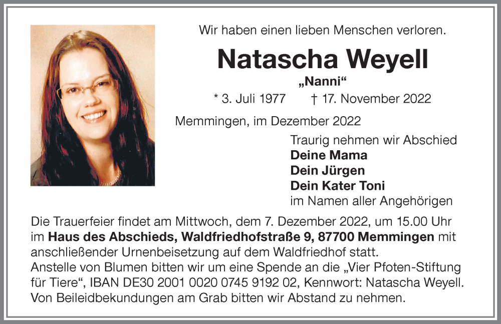  Traueranzeige für Natascha Weyell vom 03.12.2022 aus Memminger Zeitung