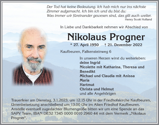 Traueranzeige von Nikolaus Progner von Allgäuer Zeitung, Kaufbeuren/Buchloe