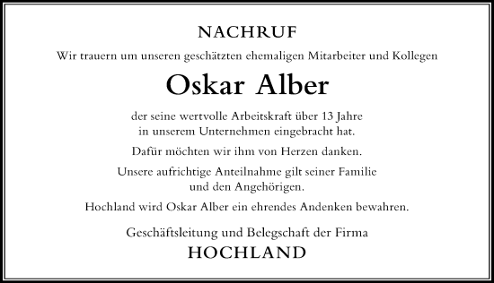 Traueranzeige von Oskar Alber von Der Westallgäuer