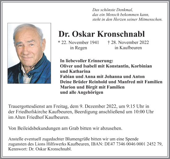 Traueranzeige von Oskar Kronschnabl von Allgäuer Zeitung, Kaufbeuren/Buchloe
