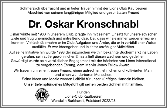 Traueranzeige von Oskar Kronschnabl von Allgäuer Zeitung, Kaufbeuren/Buchloe
