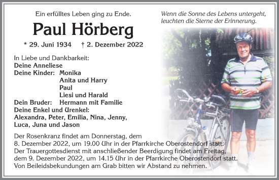 Traueranzeige von Paul Hörberg von Allgäuer Zeitung, Kaufbeuren/Buchloe