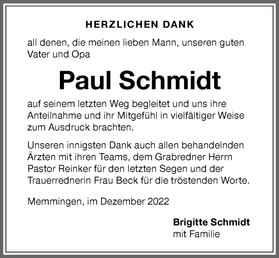 Traueranzeige von Paul Schmidt von Memminger Zeitung
