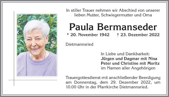 Traueranzeige von Paula Bermanseder von Allgäuer Zeitung,Kempten