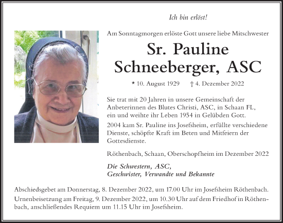 Traueranzeige von Pauline Schneeberger von Der Westallgäuer