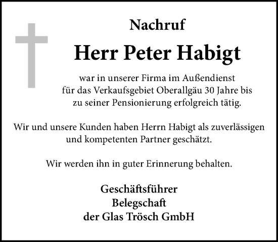 Traueranzeige von Peter Habigt von Mindelheimer Zeitung, Augsburger Allgemeine