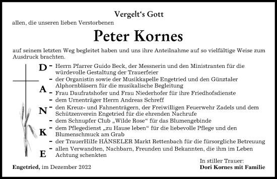 Traueranzeige von Peter Kornes von Memminger Zeitung