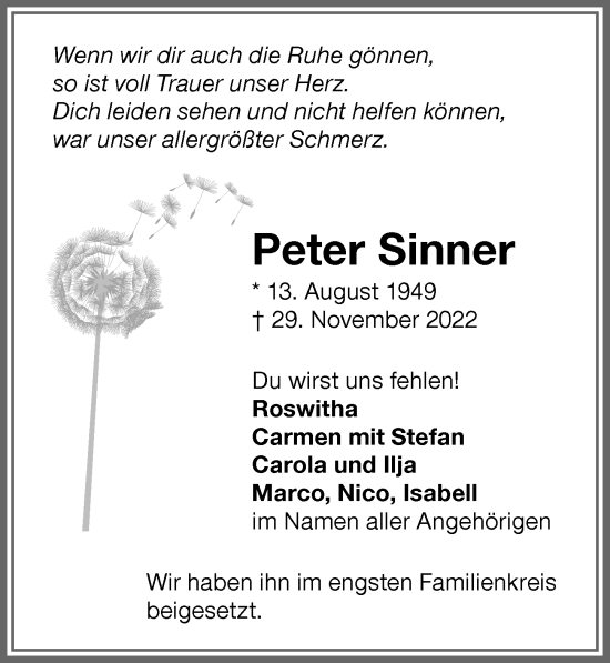 Traueranzeige von Peter Sinner von Memminger Zeitung