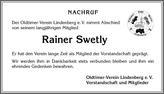 Traueranzeige von Rainer Swetly von Allgäuer Zeitung, Kaufbeuren/Buchloe