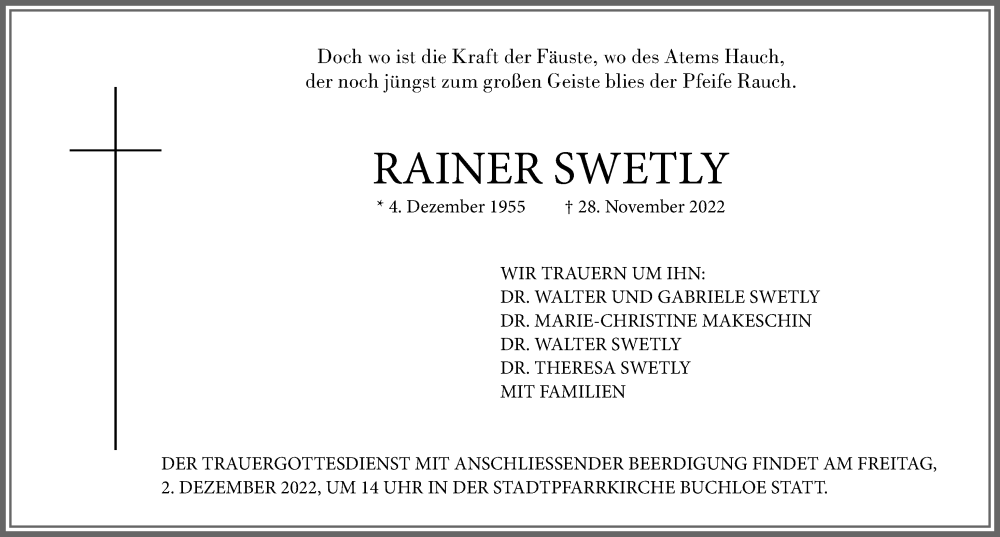  Traueranzeige für Rainer Swetly vom 01.12.2022 aus Allgäuer Zeitung, Kaufbeuren/Buchloe