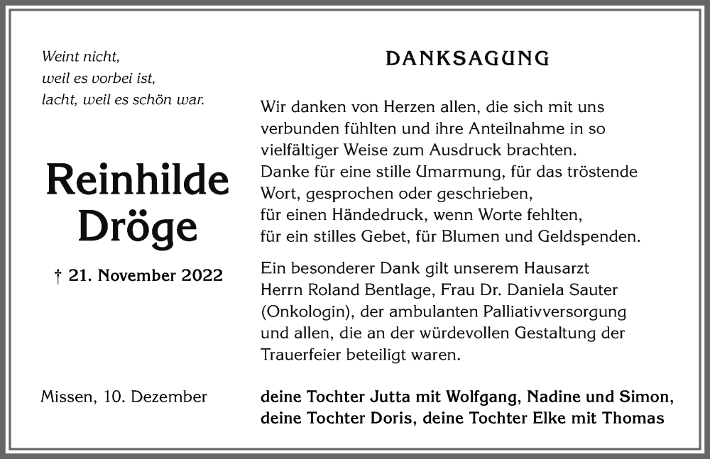  Traueranzeige für Reinhilde Dröge vom 10.12.2022 aus Allgäuer Zeitung,Kempten