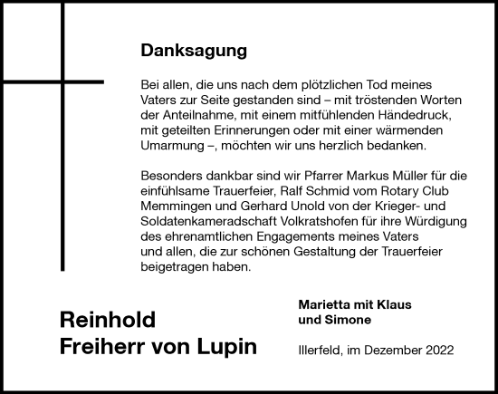 Traueranzeige von Reinhold Freiherr von Lupin von Memminger Zeitung