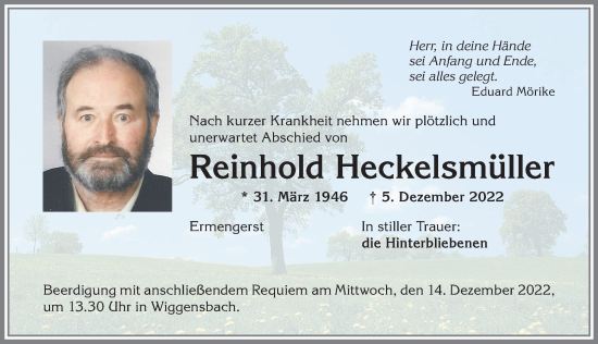 Traueranzeige von Reinhold Heckelsmüller von Allgäuer Zeitung,Kempten