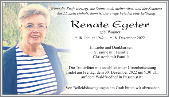 Traueranzeige von Renate Egeter von Allgäuer Zeitung, Füssen