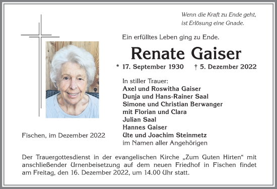 Traueranzeige von Renate Gaiser von Allgäuer Anzeigeblatt